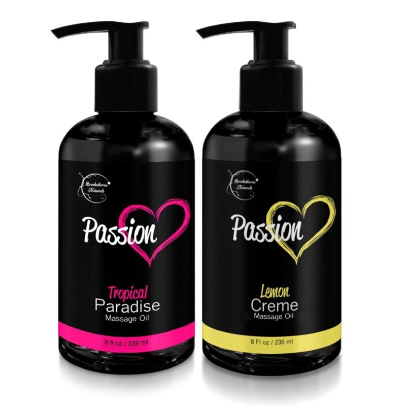 Passion Massage Oil for Date Night | Set of 2 Massaging Oils Lemon Crème & Tropical Paradise | All Natural with Almond & Jojoba | for Women & Men | Perfect for Full Body Relaxation & Aromatherapy