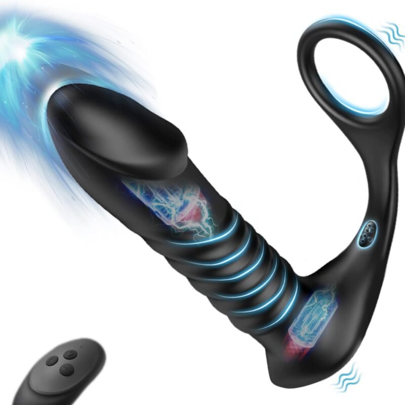 Thrusting Anal Vibrator with Thick Penis Ring, 3*10 Vibrating&Telescopic Prostate Massager Dildo Shaped Anal Plug, TIVINO Silicone Male Sex Toys Gay Toy for Men Masturbation and Foreplay