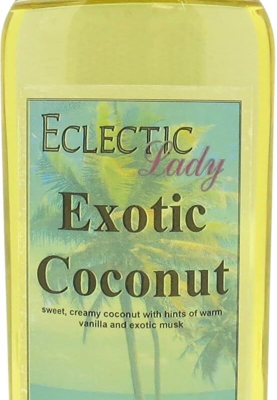 Exotic Coconut Massage Oil, 8 oz, With Sweet Almond Oil and Jojoba Oil, Preservative Free, Perfect for Aromatherapy and Relaxation