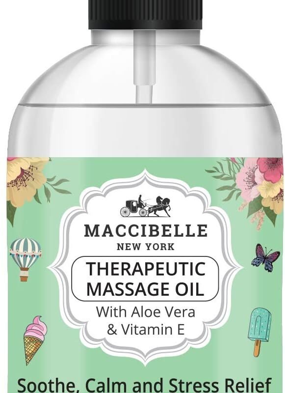 Maccibelle Unscented Natural Sensual Massage Oil for Couples Therapeutic Massage with Vitamin E and Aloe Vera a for Soothing, Calming and Muscle Relief 8 oz Fragance Free (Unscented)