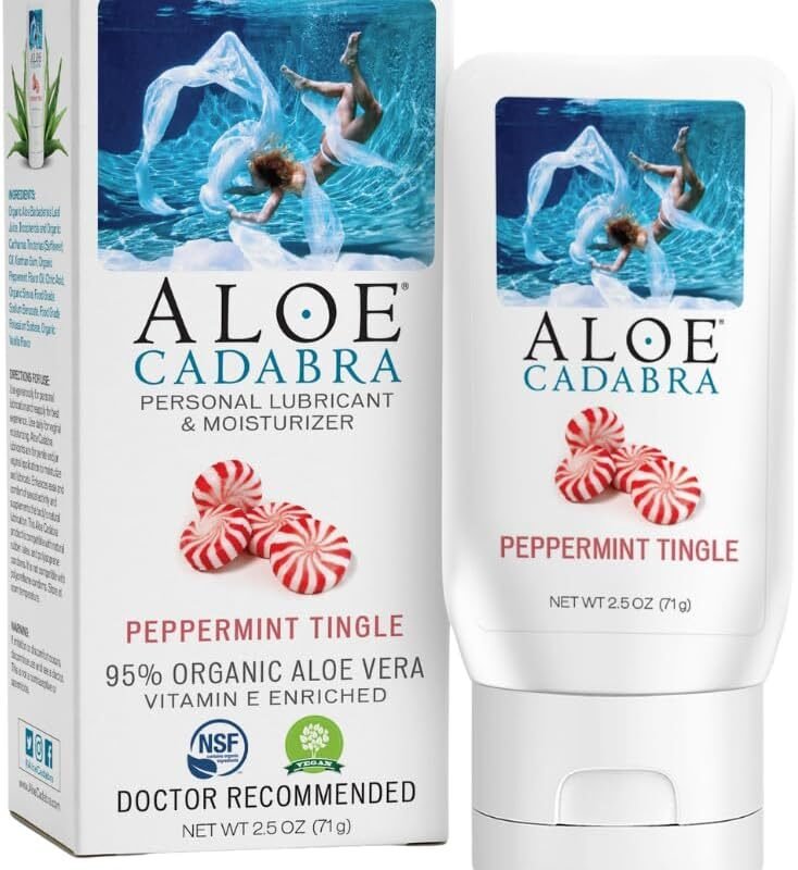 Aloe Cadabra Flavored Personal Lubricant and Vaginal Moisturizer, Organic Edible Aloe Lube for Men, Women and Couples, Non-Staining, pH Balanced, Toy Compatible (Peppermint, 2.5 Ounces, 1 Pack)
