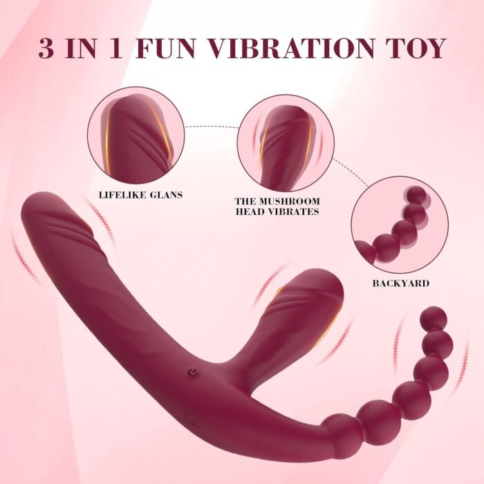 Strapless Strap-On G-Spot Dildo Vibrator with 10 Modes & Remote Control, Anti-Slip Silicone Realistic Triple Headed Vibrating Butt Plug, Adult Anal Sex Toys for Women Lesbians Couples - Image 7