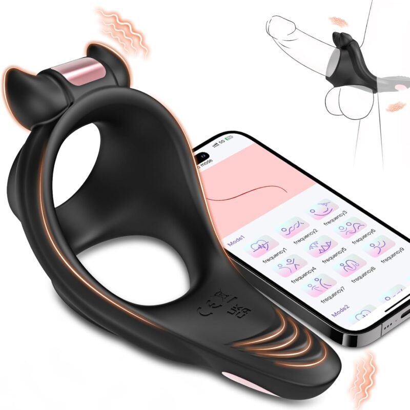 Vibrating Cock Ring with Perineum Stimulator, Penis Ring Pleasure for Clitoral & Anal, APP Control Vibrator with 9 Vibrations, Couples Adult Cock Rings for Men Women Erection Silicone Male Sex Toys