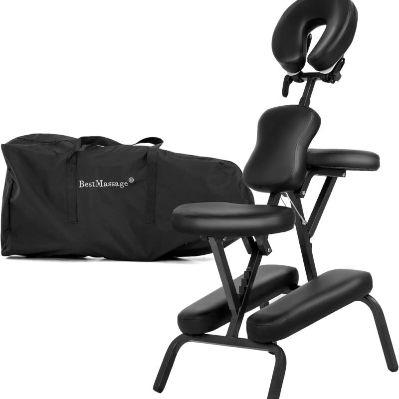 Portable Massage Chair for Tattoo and Spa Foldable Massage Therapy Chair with Adjustable Face Cradle High-Density Cushion Lightweight Design with Carrying Bag Ideal for Salon Use (Black)