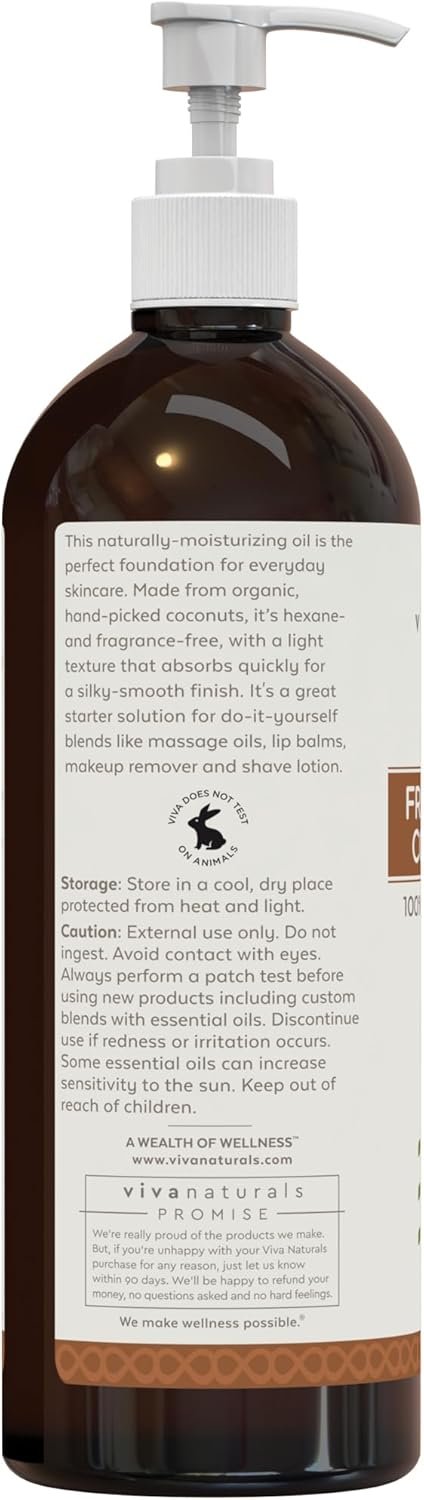 Viva Naturals Organic Fractionated Coconut Oil - Skin & Hair Moisturizer, Relaxing Massage and Body Oil, Carrier Oil for Essential Oils Mixing, Pure Non-Greasy Coconut Oil for Skin and Hair, 16 fl oz - Image 8