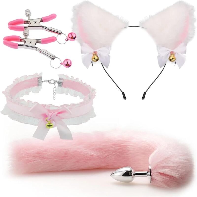 Cute Fox Tail Anal Butt Plug with Faux Silver Fox Tail Butt Plugs with Cat Ears Headband Anal Sex Toys Couples Lover Flirting Libido Stimulation Toys (Color : 4pcs-Pink)