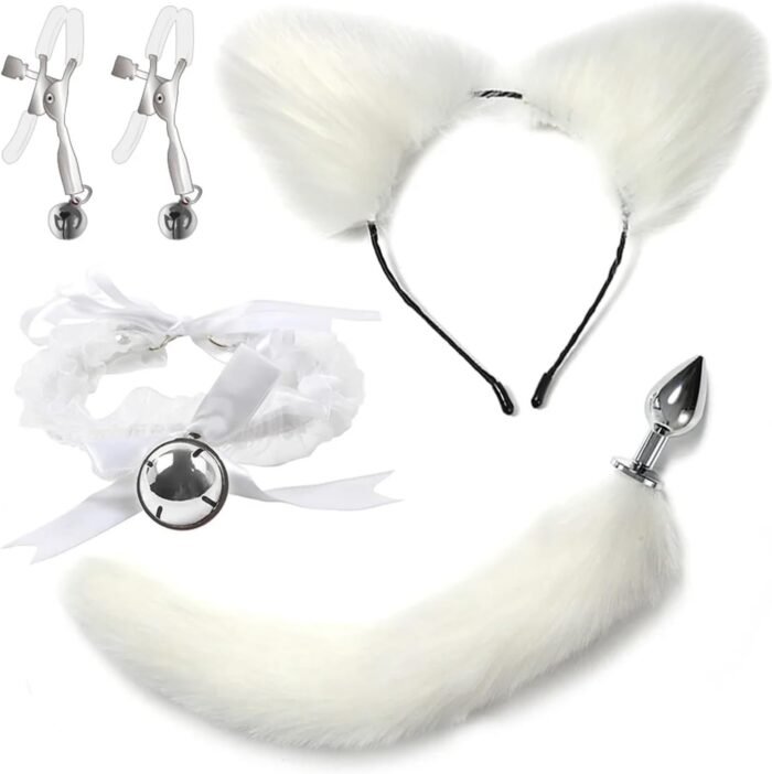 Stainless Steel Anal Butt Plug with Faux Silver Fox Tail Butt Plugs with Cat Ears Headband Anal Sex Toys Couples Lover Flirting Libido Stimulation Toys (Color : Black 4 Pcs Set) - Image 7