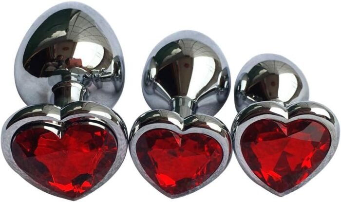3Pcs Set Luxury Metal Butt Toys Heart Shaped Anal Trainer Jewel Butt Plug Kit S&M Adult Gay Anal Plugs Woman Men Sex Gifts Things for Beginners Couples Large/Medium/Small,Red