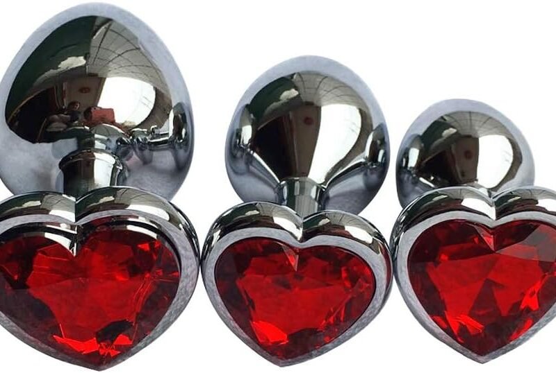 3Pcs Set Luxury Metal Butt Toys Heart Shaped Anal Trainer Jewel Butt Plug Kit S&M Adult Gay Anal Plugs Woman Men Sex Gifts Things for Beginners Couples Large/Medium/Small,Red