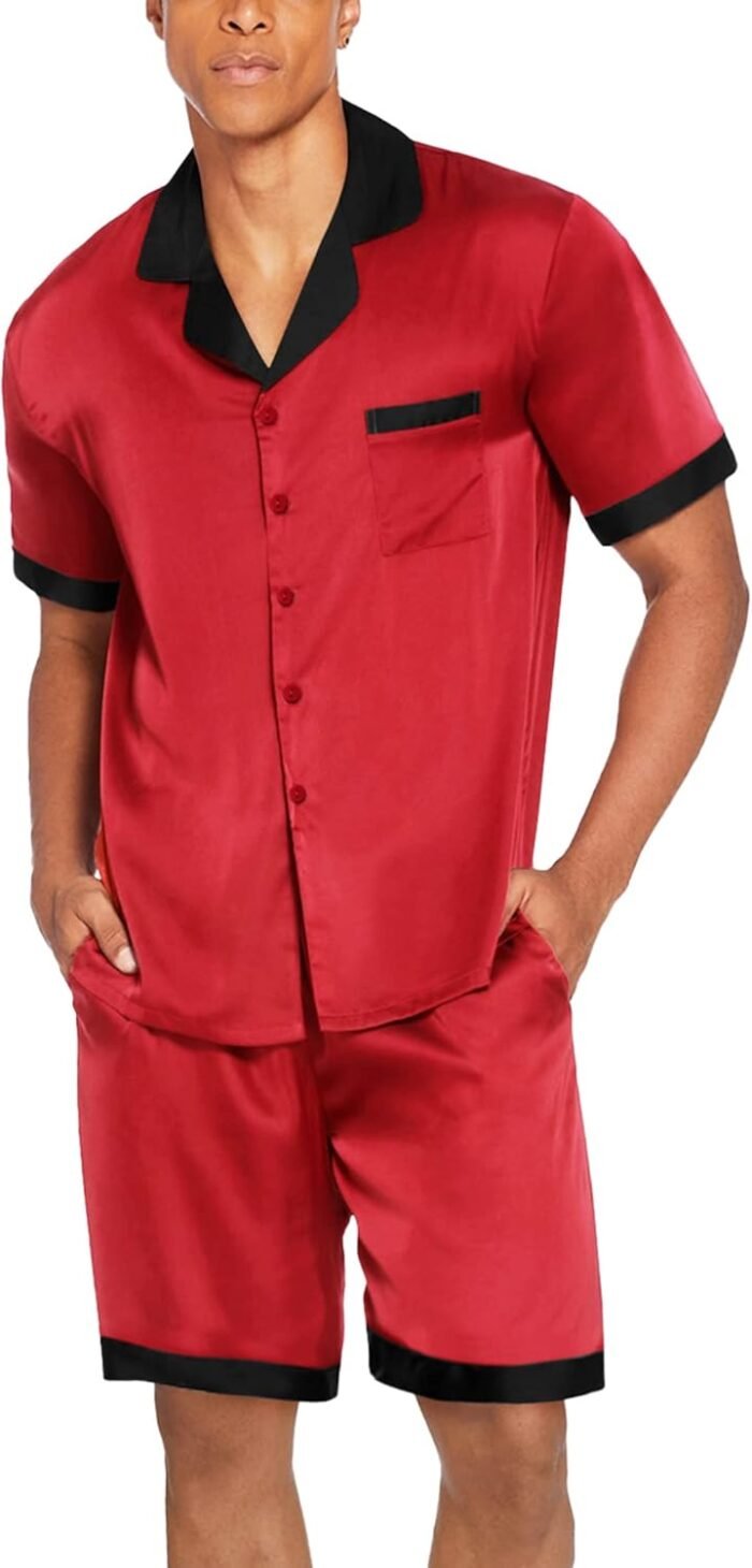Ekouaer Men Satin Silk Pajamas Set with Pockets Sleepwear Shorts Satin Summer Loungewear 2 Piece Button Down Set S-3XL - Image 5