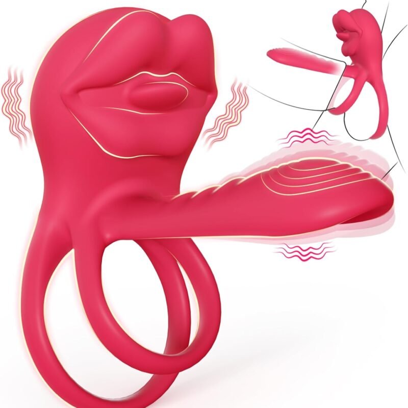 Vibrating Penis Sleeve Cock Ring with Full Lips Tongue Clitoral Stimulator, Penis Ring Vibrator Extender for G Spot Stimulation,Couples Adult Sex Toys for Men Women,HOESDIK Male Couple Sex Toy for Men