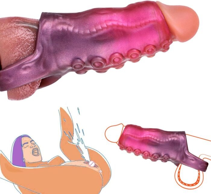 Monster Penis Sleeve Cock Sleeve with Penis Ring, Reusable Penis Extender Male Sex Toys Enhance Male Endurance, Elastic Silicone Penis Pump to Enlarge Prolong for Men & Couples,Red