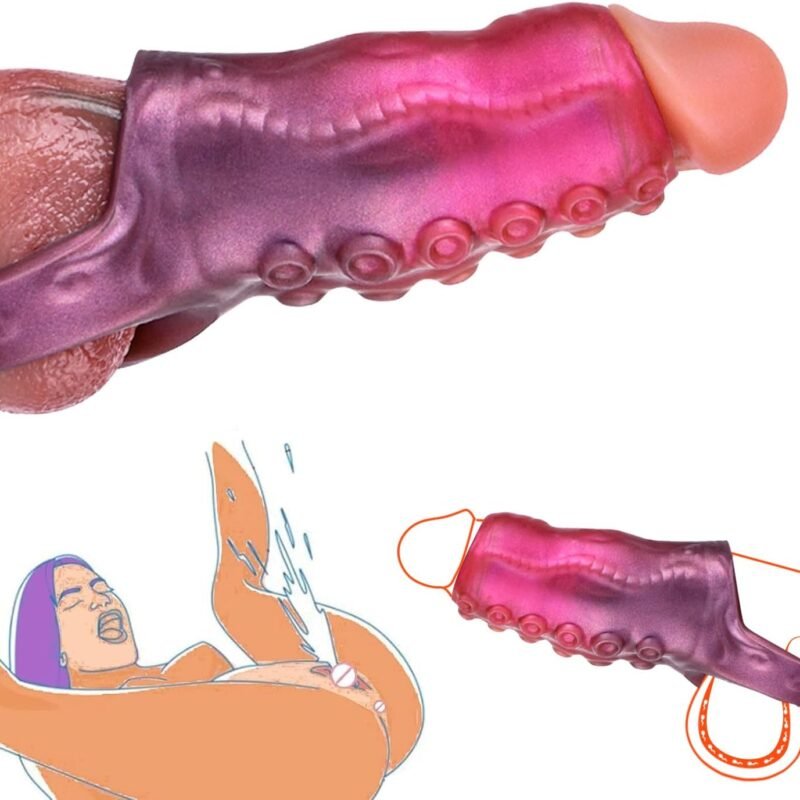 Monster Penis Sleeve Cock Sleeve with Penis Ring, Reusable Penis Extender Male Sex Toys Enhance Male Endurance, Elastic Silicone Penis Pump to Enlarge Prolong for Men & Couples,Red