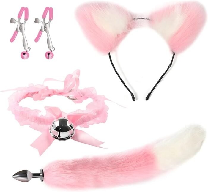 Stainless Steel Anal Butt Plug with Faux Silver Fox Tail Butt Plugs with Cat Ears Headband Anal Sex Toys Couples Lover Flirting Libido Stimulation Toys (Color : Black 4 Pcs Set) - Image 5