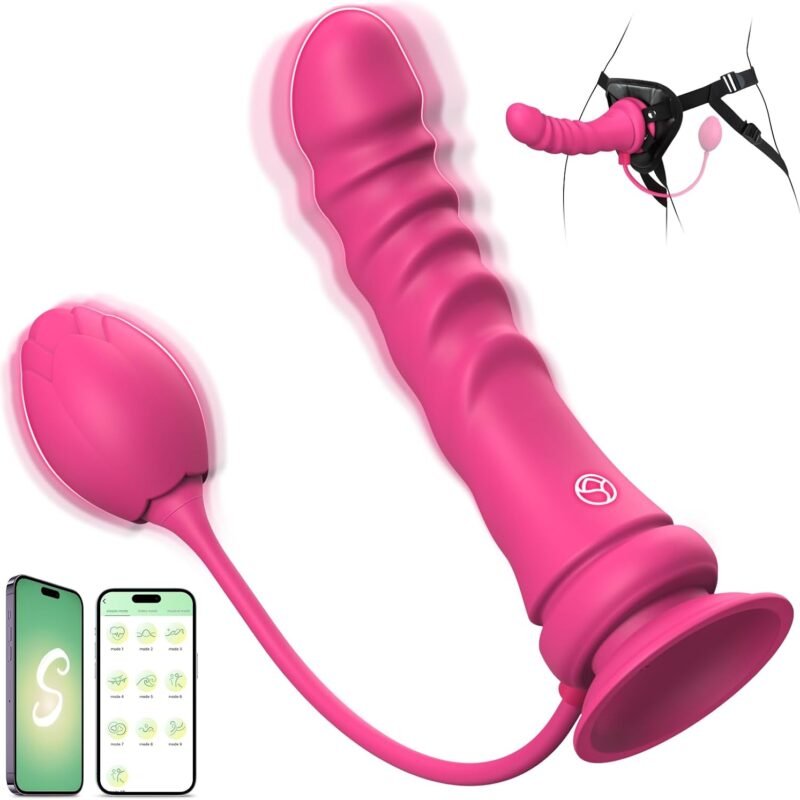Vibrating Strap On Dildo with Removable Rose Anal Plug, Wearable Harness Anal Dildo G Spot Vibrator, App Control 9 Vibration, Wearable Vibrator Clitoral Stimulator Sex Toys for Women Lesbian Games
