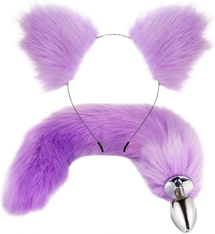 Cute Fox Tail Anal Butt Plug with Faux Silver Fox Tail Butt Plugs with Cat Ears Headband Anal Sex Toys Couples Lover Flirting Libido Stimulation Toys (Color : Purple)