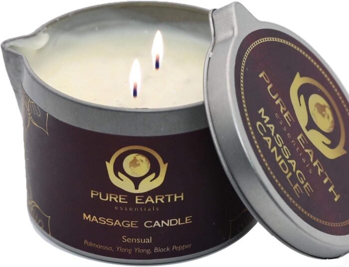 Sensual Massage Candle - Melts to Silky Oil, No Waxy Residue - Skin Moisturizing Body Massage Oil Candles (160 Grams or 6 oz.) - with Palmarosa, Ylang Ylang, Black Pepper by PURE EARTH essentials