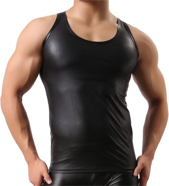 YUFEIDA Men's Faux Leather Vest Undershirt Tank Top Sleeveless Shirt Waistcoats - Image 3