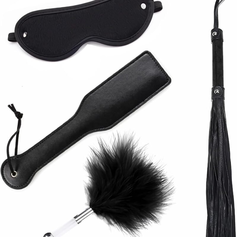 BDSM Set, Leather Horse Whips, Spanking Paddle, Feather Tickler Anal Plug, Blindfold, Sex Toys for Women and Couples