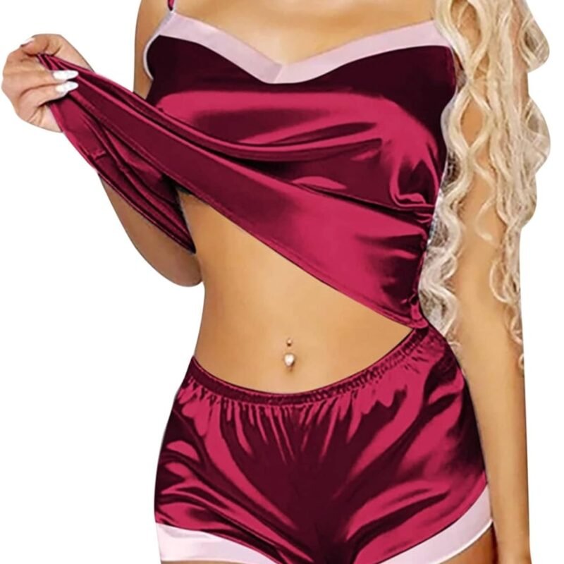Womens Satin Pajamas Sets 2 Piece Loungewear Spaghetti Strap Camisole Shorts Outfits Sleepwear Comfy Silky Stretchy Pajamas