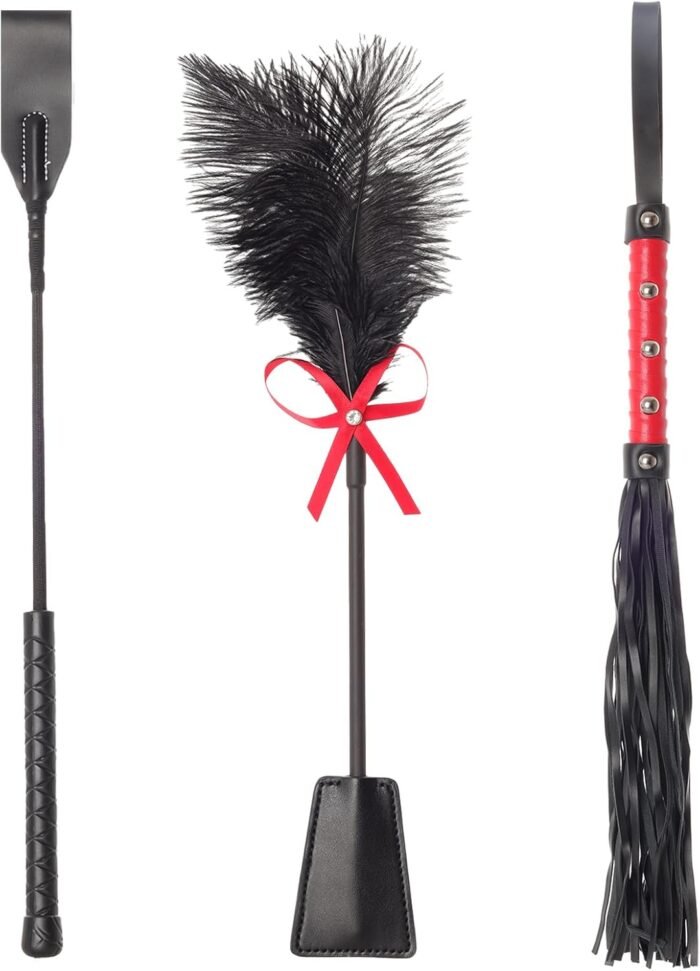 Fumwase 3 Pcs Sex Whip and Crop Set BDSM Whip Leather Horse Crop Feather Tickler for Adults Bedroom Play Sex Play Toys for Couples