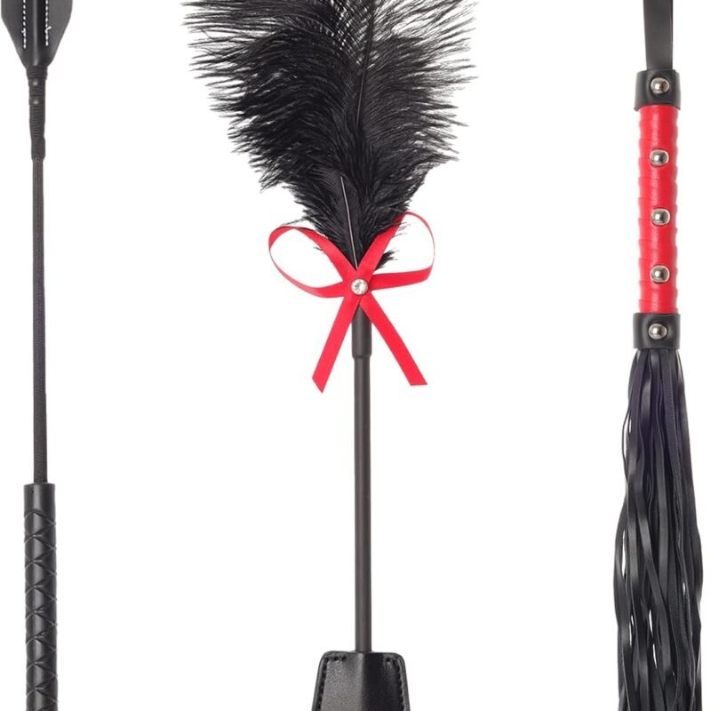 Fumwase 3 Pcs Sex Whip and Crop Set BDSM Whip Leather Horse Crop Feather Tickler for Adults Bedroom Play Sex Play Toys for Couples