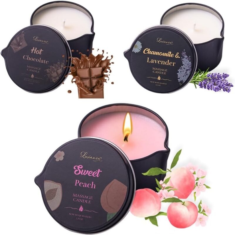 3 Pack Soybean Wax Scented Massage Oil Candle for Skin Moisturizing- Low Temp Body SPA Candle-Gift Candle Set-6.9OZ (Sweet Peach, Hot Chocolate, Lavender Chamomile)