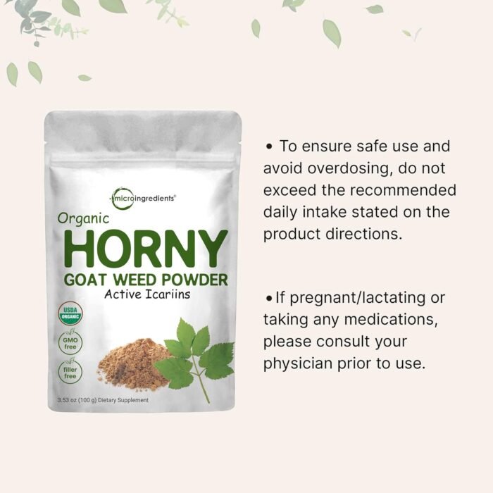 Maximum Strength Organic Pure Horny Goat Weed with Active Icariins for Men and Women, 100 Grams, Organic Epimedium Powder for Energy and Immune System Booster, Filler Free and Vegan Friendly - Image 3