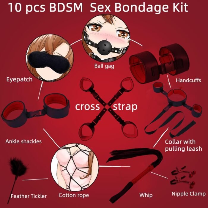 BDSM Kit Sex Bondage Restraints Adult Sex Toys,Upgrade Sex Restraints Set 11PCS Handcuffs Collar Ankle Cuff Blindfold Feather Tickler Gags Sex Rope Adult Games Couple Sex Toys for Women Men (Red) - Image 2