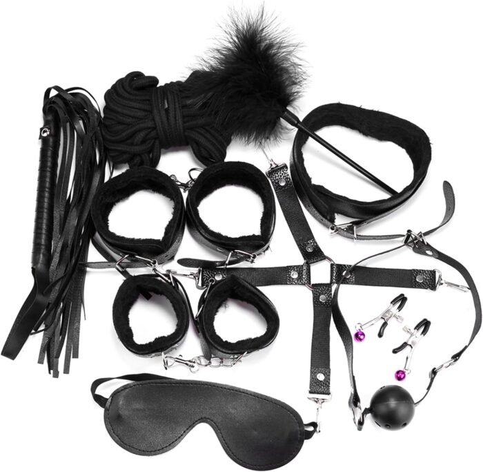 Sex Bondage BDSM Kit Restraints - Upgrade 10PCS Sets with Adjustable Handcuffs Collar Ankle Cuff Blindfold Feather Tickler Adult Games Sex Toys for Men Women and Couples Foreplay (Black)