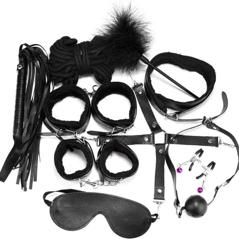 Sex Bondage BDSM Kit Restraints - Upgrade 10PCS Sets with Adjustable Handcuffs Collar Ankle Cuff Blindfold Feather Tickler Adult Games Sex Toys for Men Women and Couples Foreplay (Black)