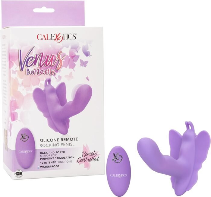 CalExotics Venus Butterfly Silicone Remote Rocking Penis – Hands Free Strap On Personal Massager Probe with Controller – Waterproof Adult Vibrator Sex Toy for Couples - Purple