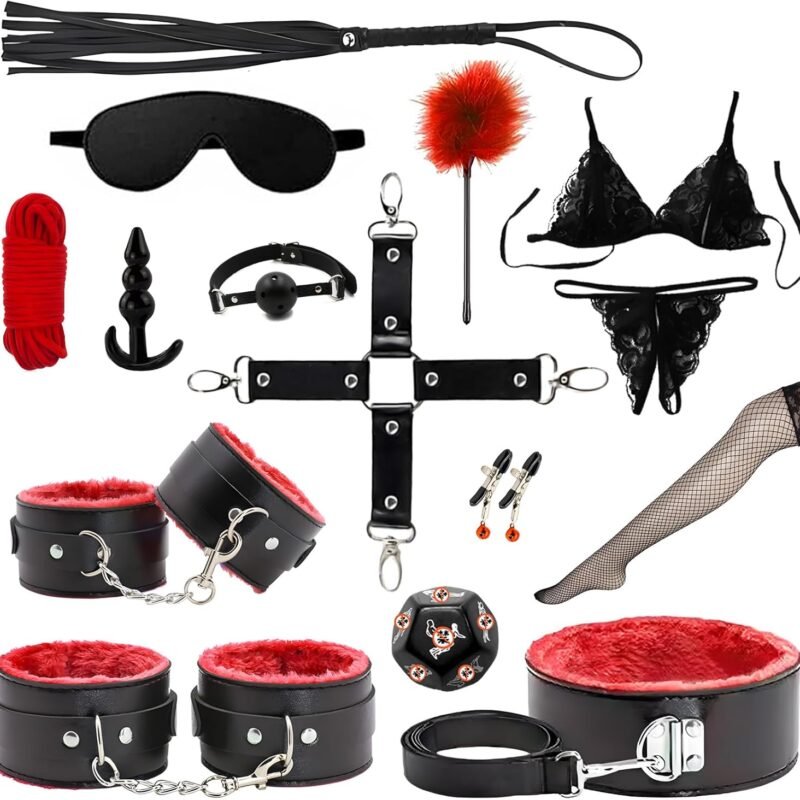 16 PCS Sex BDSM Bondage Restraints Kit, Upgrade Leather Sex Toys Sets, Sex Accessories for Adults Couples with Handcuffs Sex and Anal Plug Toys,Body-Safe Sexual Pleasure Tools for Women and Men