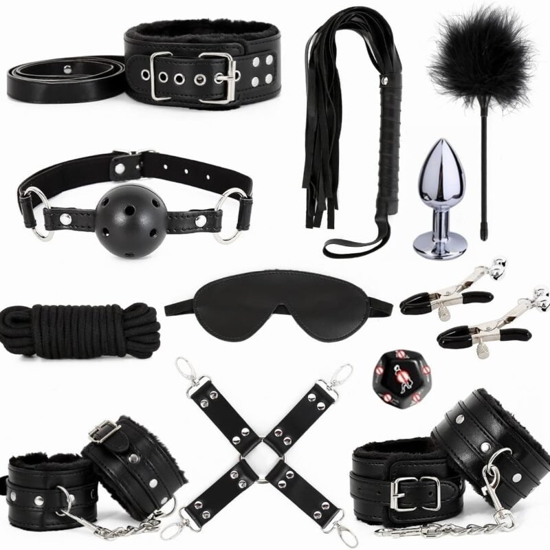 Sex Bondage Restraint Kits BDSM Toys 12 Pcs Handcuffs Ankle Cuffs Anal Plug Nipple Clamps Ball Gag Blindfold Rope Leather Restraints Set Adjustable for Adult Beginners (Black)