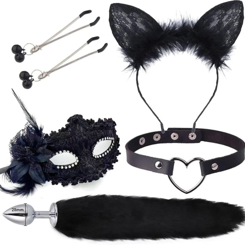 Cute Fox Tail Anal Butt Plug with Faux Silver Fox Tail Butt Plugs with Cat Ears Headband Anal Sex Toys Couples Lover Flirting Libido Stimulation Toys (Color : Black 5 Pieces)