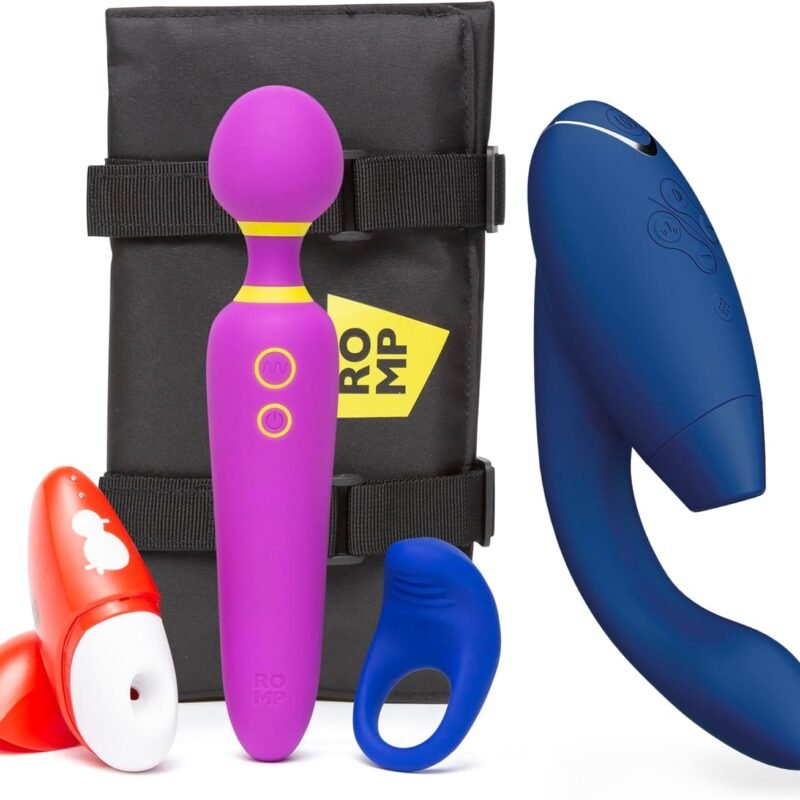 Womanizer Duo 2 Blue Dual Stimulation Pleasure Air Clitoris Sucker Rabbit Vibrator & Romp Pleasure Kit with Wand, Clitoral Suction Toy & Cock Ring - Couples Sex Toys Bundle