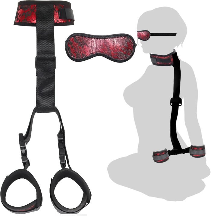 BDSM Neck to Wrist Restraints Bondage Set - Behind Back Handcuffs Collar with Blindfold Adjustable Bondage Set Bed SM Games Play Sex Toys for Couples Red