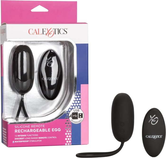 CalExotics Silicone Remote Rechargeable Egg Bullet Vibrator, Waterproof and Silicone 12-Function Stimulator with Easy Retrieval Cord Adult Couple Sex Toy Black SE-0077-30-3
