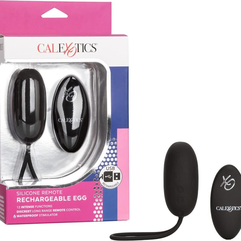 CalExotics Silicone Remote Rechargeable Egg Bullet Vibrator, Waterproof and Silicone 12-Function Stimulator with Easy Retrieval Cord Adult Couple Sex Toy Black SE-0077-30-3