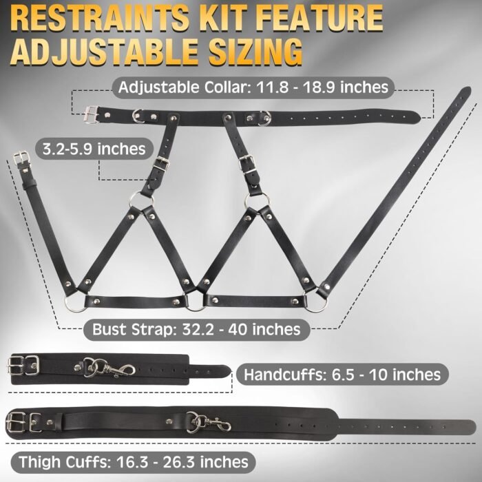 BDSM Sex Bondage Breast Restraints Thigh Sling, Leather Neck to Thigh Chest Restraints Harness Bed Restraints, Wrist & Thigh Cuffs Kinky Lingerie Bra, SM Games Sex Toys for Women & Couples (Black) - Image 5