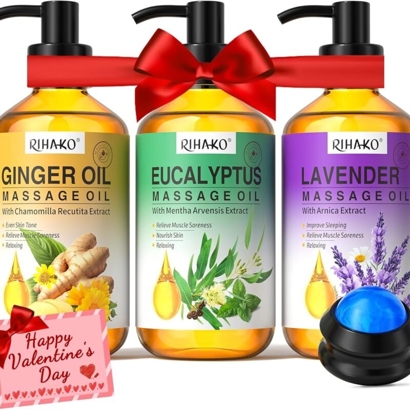 Mothers Day Gifts for Wife -3 Pack Massage Oil for Massage Therapy,Lymphatic Drainage Ginger Oil | Lavender Oil | Sore Muscle Eucalyptus Massage Oils for Date Night & Massage Ball Spa Gift for Him Her
