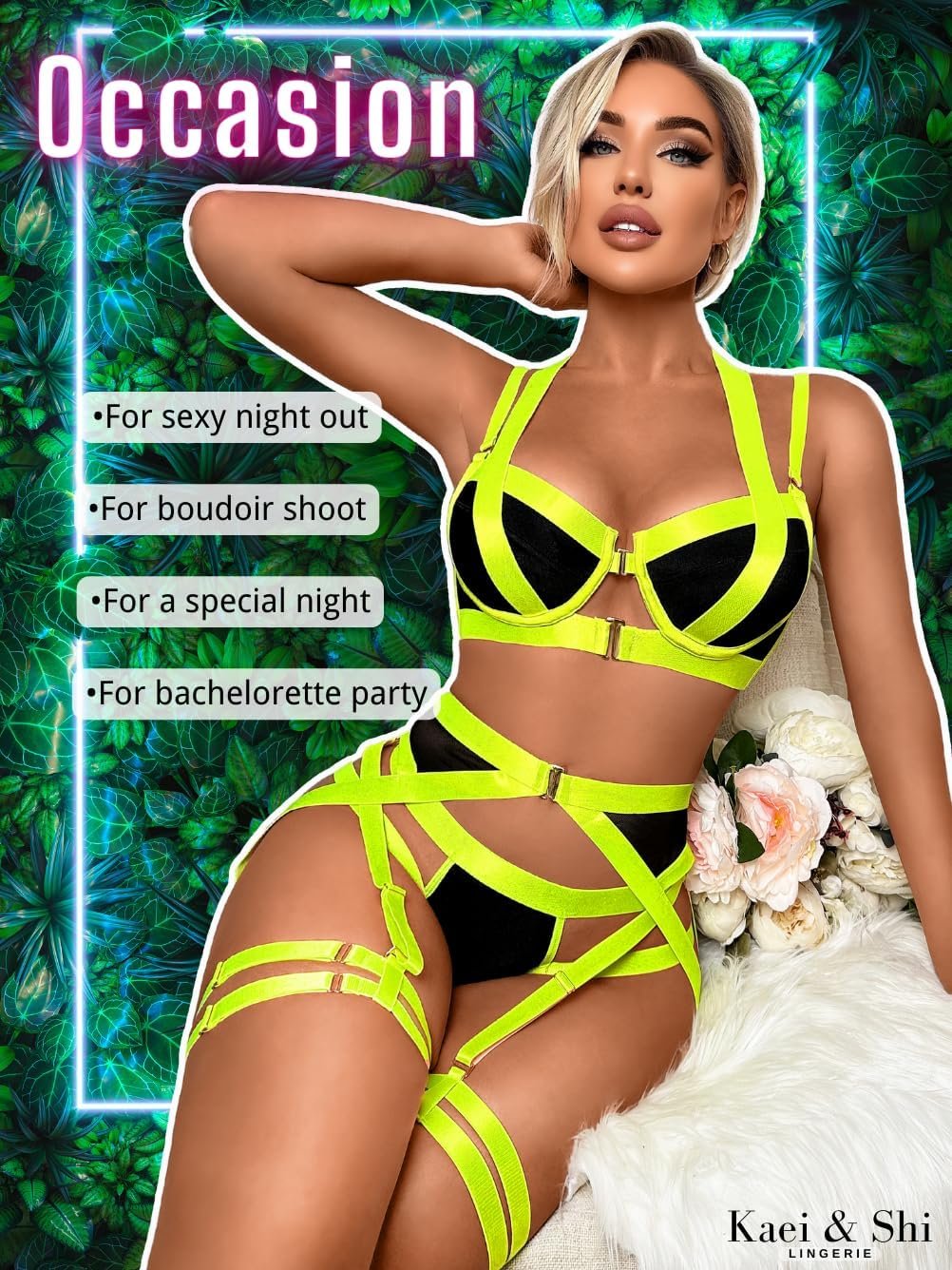 Kaei&Shi Strappy Harness, All Adjustable, Underwire Racerback, 4pc Garter Set - Image 7