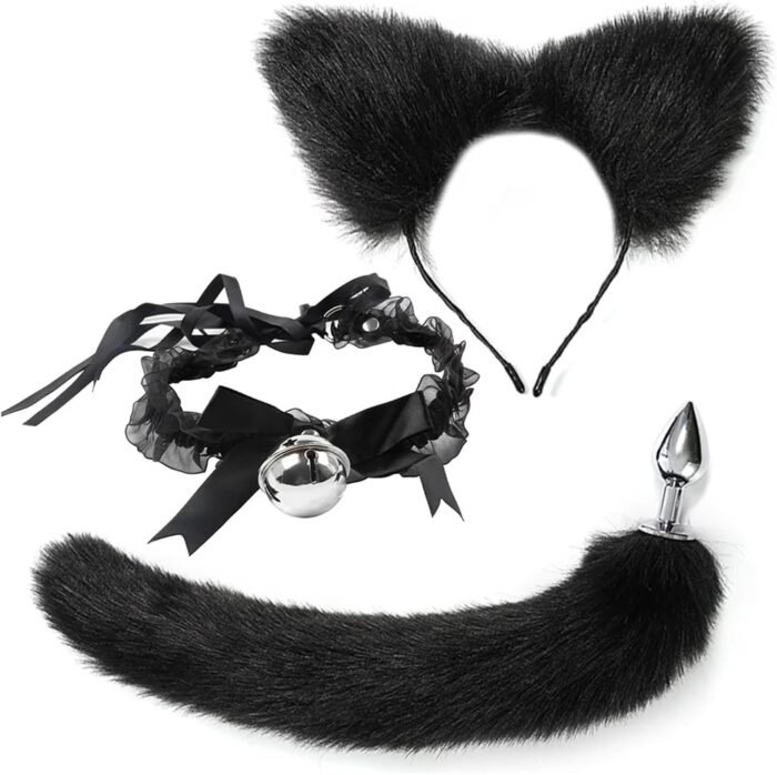 Stainless Steel Anal Butt Plug with Faux Silver Fox Tail Butt Plugs with Cat Ears Headband Anal Sex Toys Couples Lover Flirting Libido Stimulation Toys (Color : Black 4 Pcs Set) - Image 3