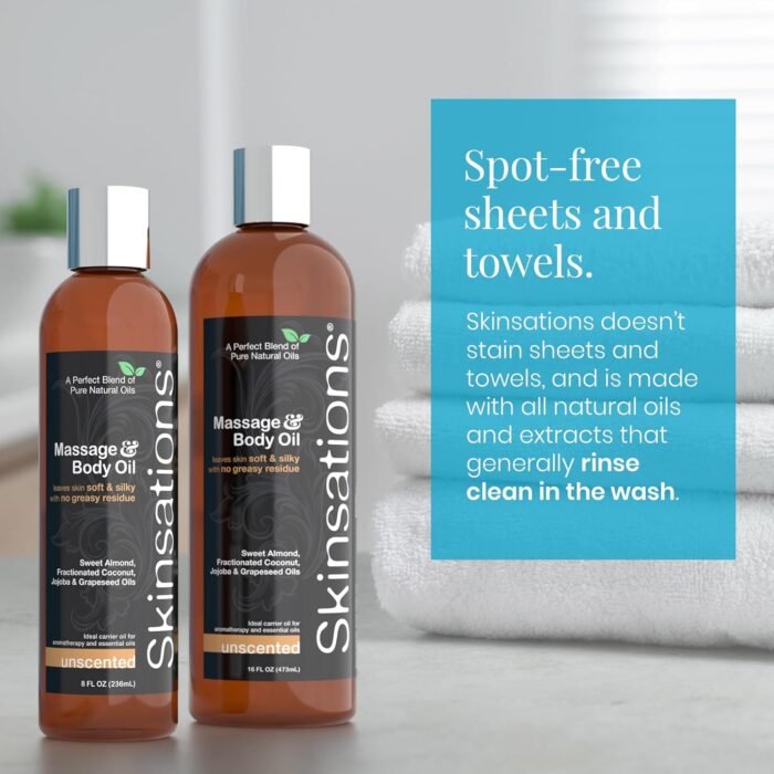 Skinsations - Unscented Massage Oil for Massage Therapy - 8oz | Silky-Soft Blend of Sweet Almond Oil, Fractionated Coconut Oil, Grape Seed and Jojoba | Fragrance-Free Body Oil, Gift Ideas - Image 6