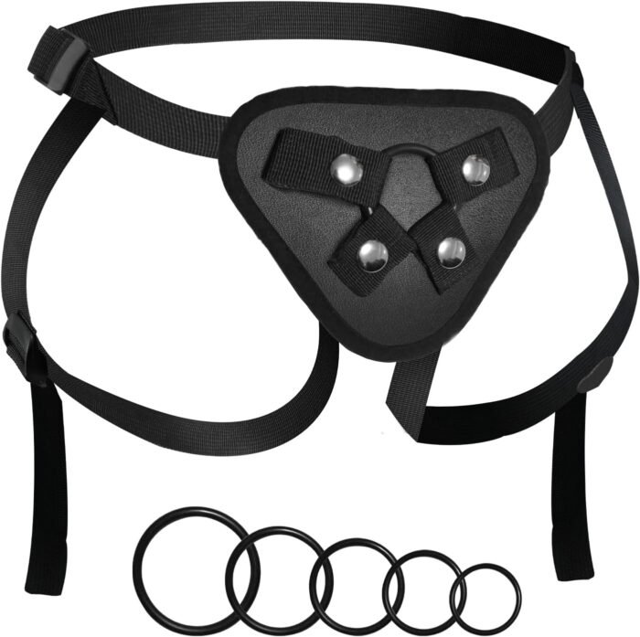 Adjustable Strap On Harness, Wearable Strapless Pegging Harness for Couples, Adult Sex Toy with 5 Different Sized O-Rings, Suitable for Almost Any Dildo, Fits Waist up to 58 Inches