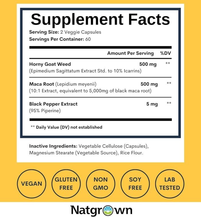 Natgrown Horny Goat Weed and Maca Root Extract Supplement for Men & Women (Epimedium Extract, Hornygoatweed) Vegan Capsules -120 Ct - Image 4
