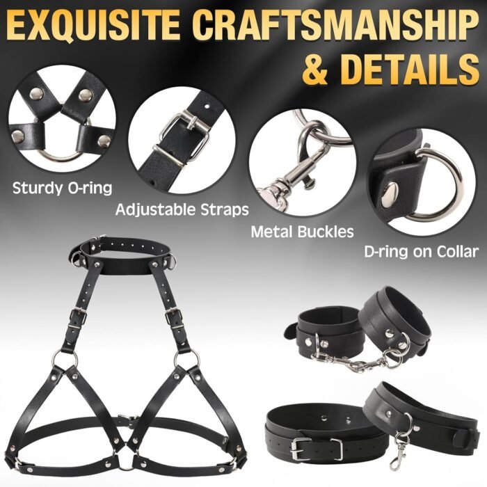 BDSM Sex Bondage Breast Restraints Thigh Sling, Leather Neck to Thigh Chest Restraints Harness Bed Restraints, Wrist & Thigh Cuffs Kinky Lingerie Bra, SM Games Sex Toys for Women & Couples (Black) - Image 2