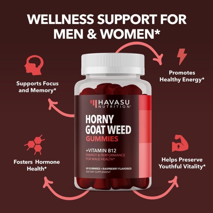 Horny Goat Weed Gummies with Vitamin B12 - Energy, Endurance & Performance Support for Men and Women - 60 Count - Vegetarian-Friendly, Non-GMO, Pectin-Based - Raspberry Flavor, 1 Month Supply - Image 3