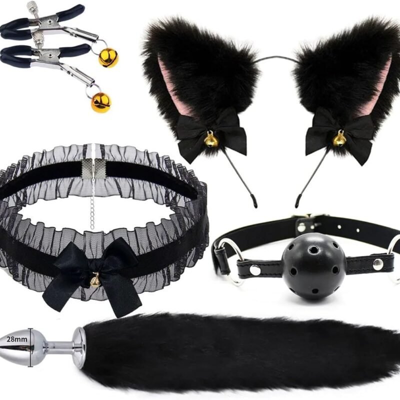 Cute Fox Tail Anal Butt Plug with Faux Silver Fox Tail Butt Plugs with Cat Ears Headband Anal Sex Toys Couples Lover Flirting Libido Stimulation Toys (Color : 5set-A)