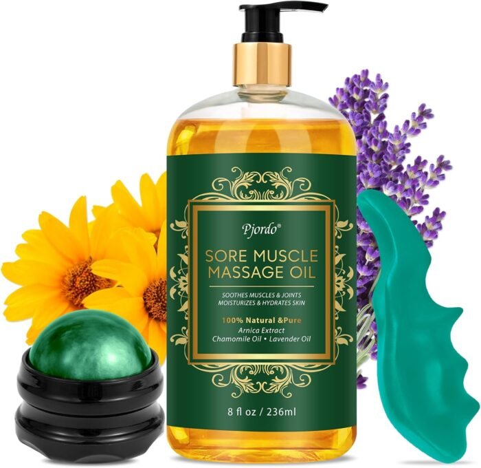 Mothers Day Gifts for Wife, Arnica Sore Muscle Massage Oil for Massage Therapy, with Massage Roller Ball & Thumb Saver Massager, Body Massage Oil with Arnica Oil, (8 Fl Oz)